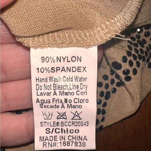 Banjul Tan Nude Mesh Rhinestone Studded Bodysuit Stretch Sheer Clubwear Sz S - Picture 6 of 7